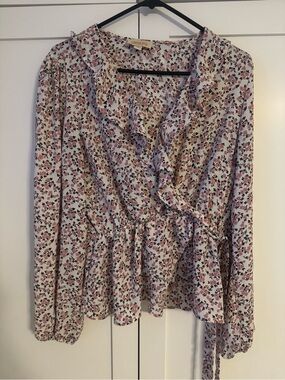 Pink Floral Ruffle Wrap Blouse